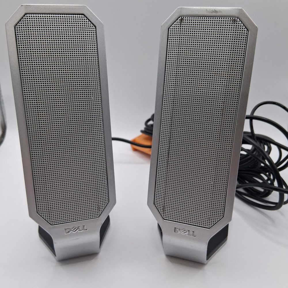 Dell Desktop Silver Speakers with Attached Cables and Power Cord